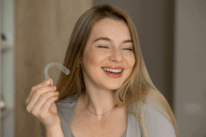 a person smiling and holding their clear aligner